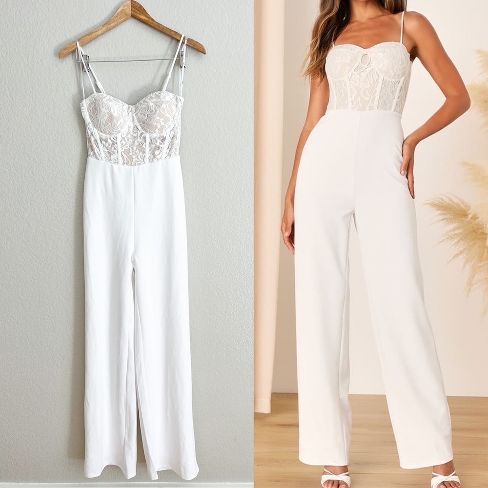 Eloquently Enticing White and Beige Lace Bustier Jumpsuit